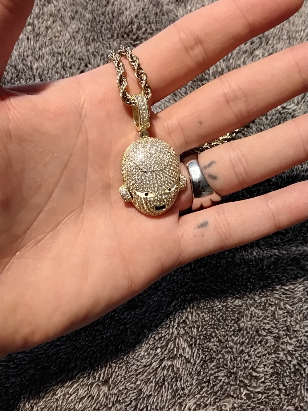 Gold Tone Pave Crystal Helmet Pendant Necklace